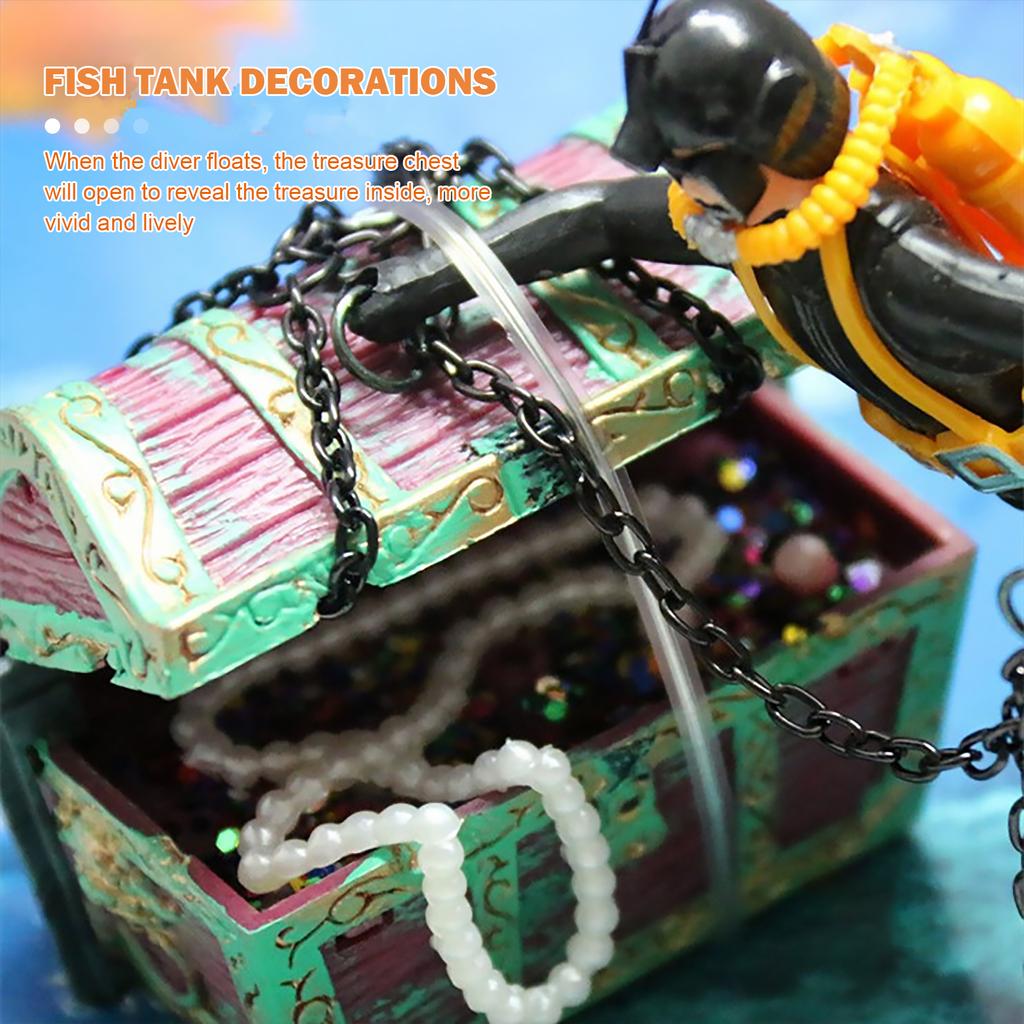 Treasure Chest Hunter Diver Action Figure Fish Tank Ornament Air Bubbler Movement Aquarium Undersea Landscape Decorations