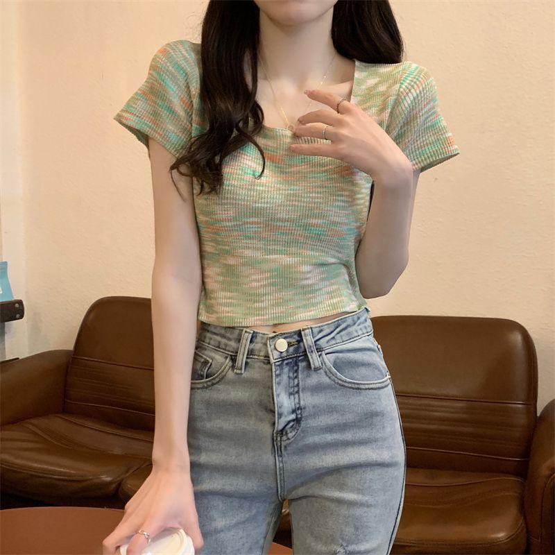 Rainbow Striped Soft Square Neck Short Sleeved T-shirt for Women In Summer Short Knit Top