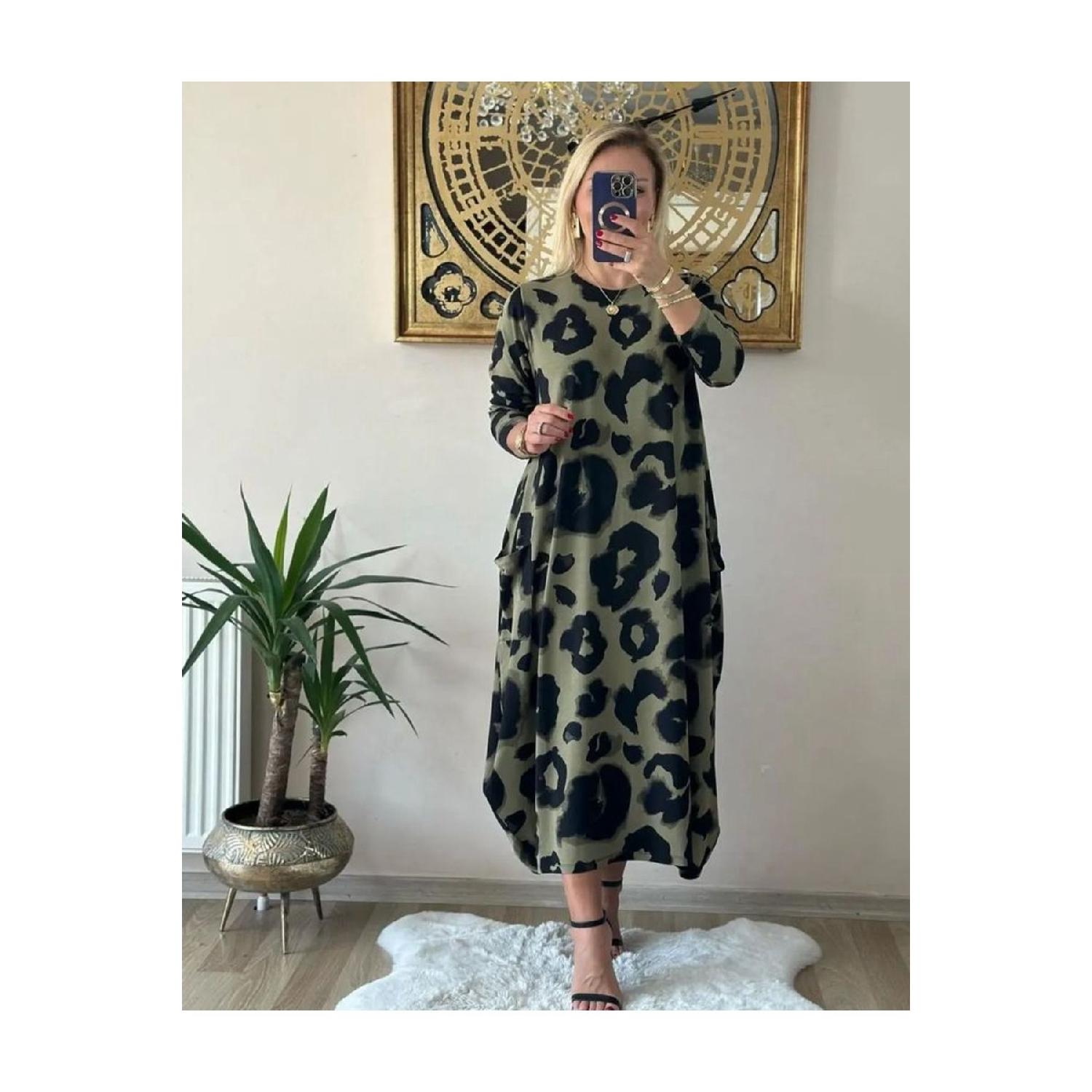 

Woman Large Size Crystal Fabric Patterned Long Sleeve Khaki Dress 50 зелений