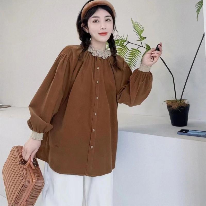 Johnature Toamnă Iarnă Cămașă din velur cu gât rotund cu ciuperci japoneze