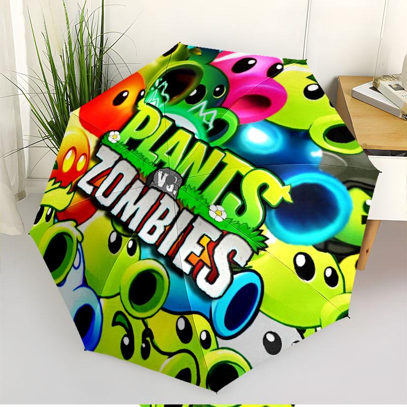Plants Vs. Zombies Print Automatic Open Close Umbrella, Portable Foldable Umbrella, for Outdoor Commute Camping Trip, Ideal Birthday Gift