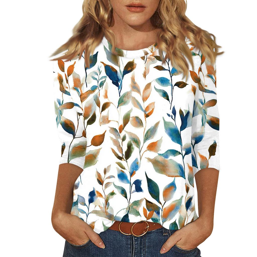 Women's Fashionable Casual Three Quarter Sleeve Printed Round Neck Top