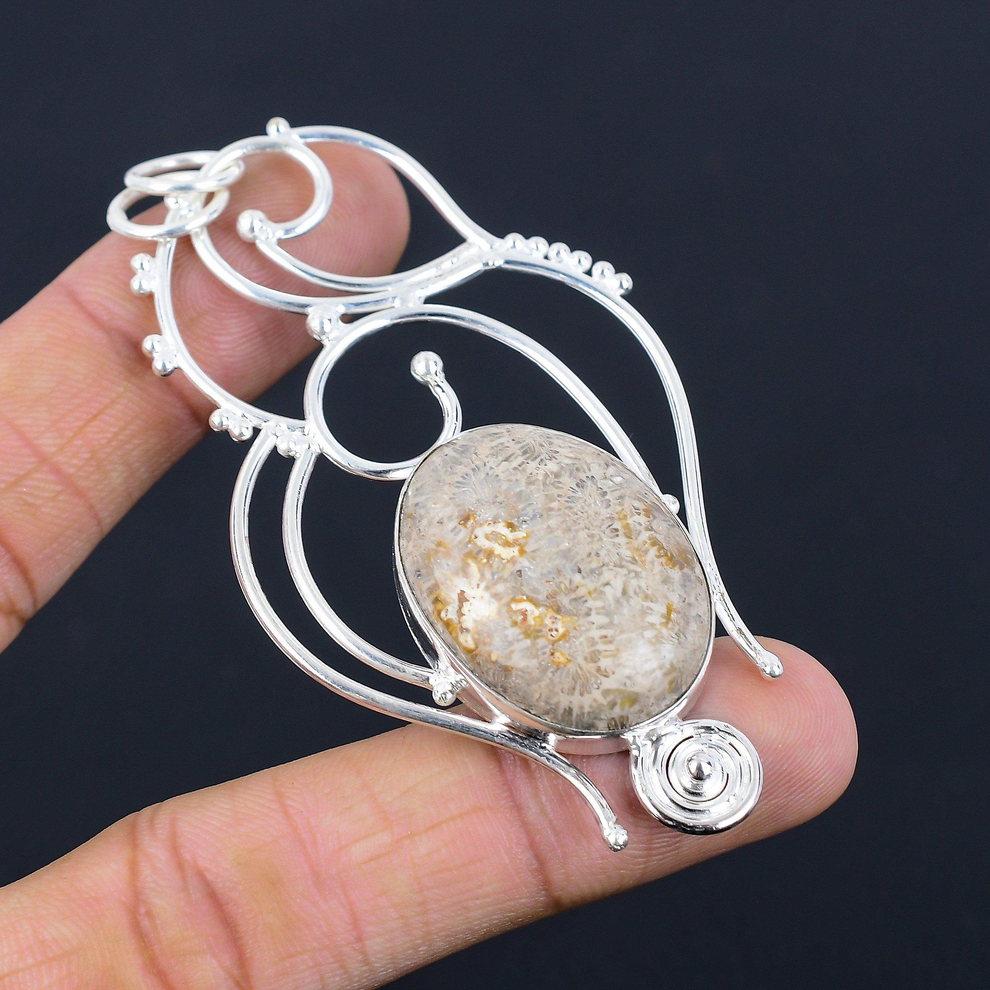 Halloween Sale Oval Fossil Coral Gemstone 925 Silver Bezel Wife Pendant Jewelry