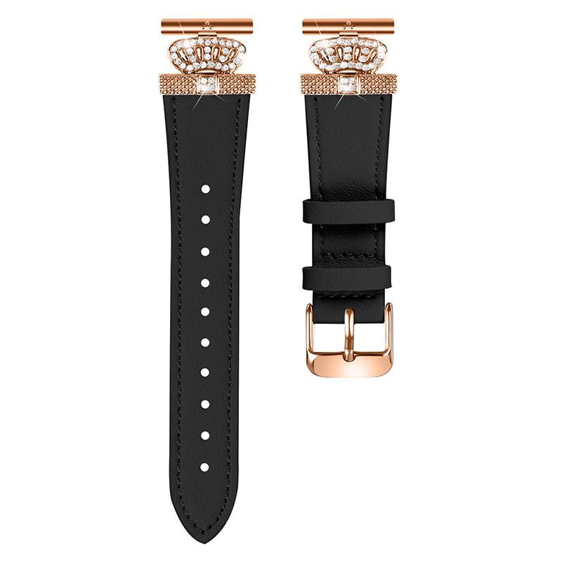 

For GarminMove 3/Vivomove 3 Watchband Genuine Cow Leather Strap,Rose Gold Connector with Rhinestone Crown Decor Black