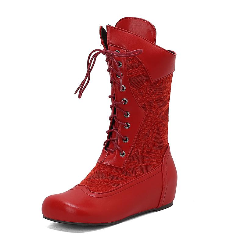 Fashion 2025 Design Mid Calf Boots for Women Round Toe Internal Height Lace Up Large Size 48 49 50 Fashion Dating Booties