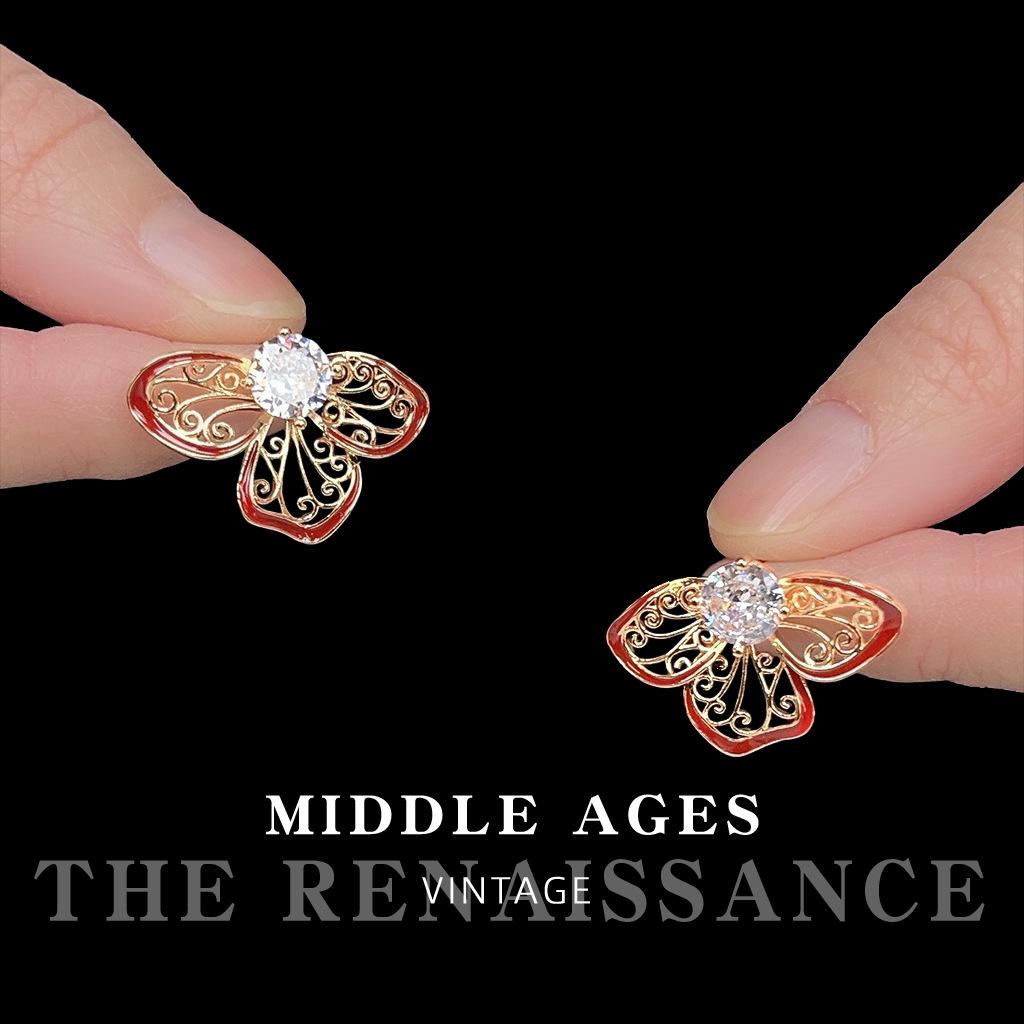 Vintage enamel drip oil hollow pattern flower zircon earrings literary earrings