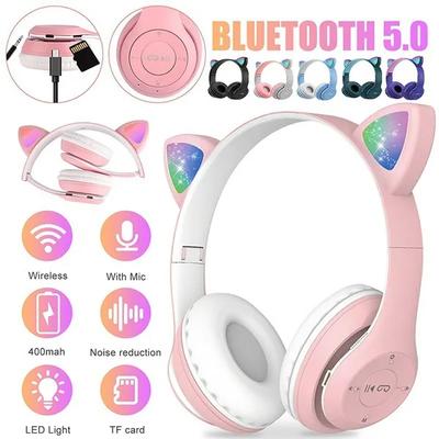 Flashing LED Cat Ears Wireless Headphones Bluetooth Earbuds with Mic TF FM Kid Girl Stereo Music Headset Phone Earphones Gift