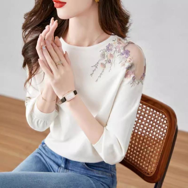 Women Hollow Out Knit Floral Embroidered Round Neck 3 4 Sleeve Pullover Sweater S
