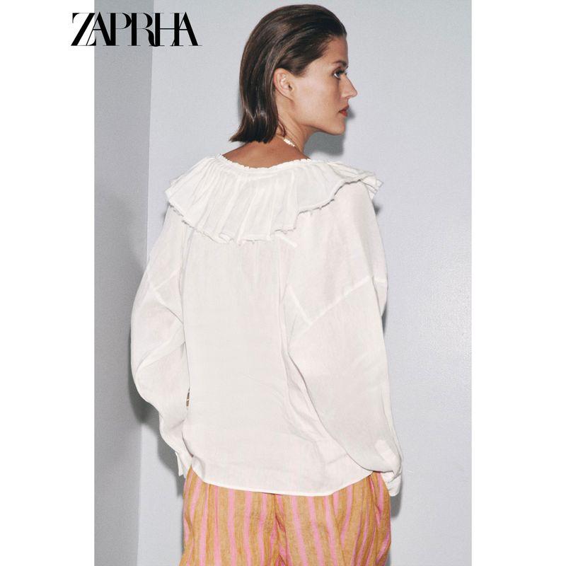 Zaprha 2025 Summer New Fashion Linen Blend Round Neck Loose Long Sleeve Shirts Top 8224149