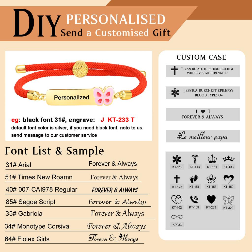 Personalized Baby Name Bracelet, Red String Adjustable,charms Flower Butterfly Stainless Steel Bar ID Bracelet for Kid Child
