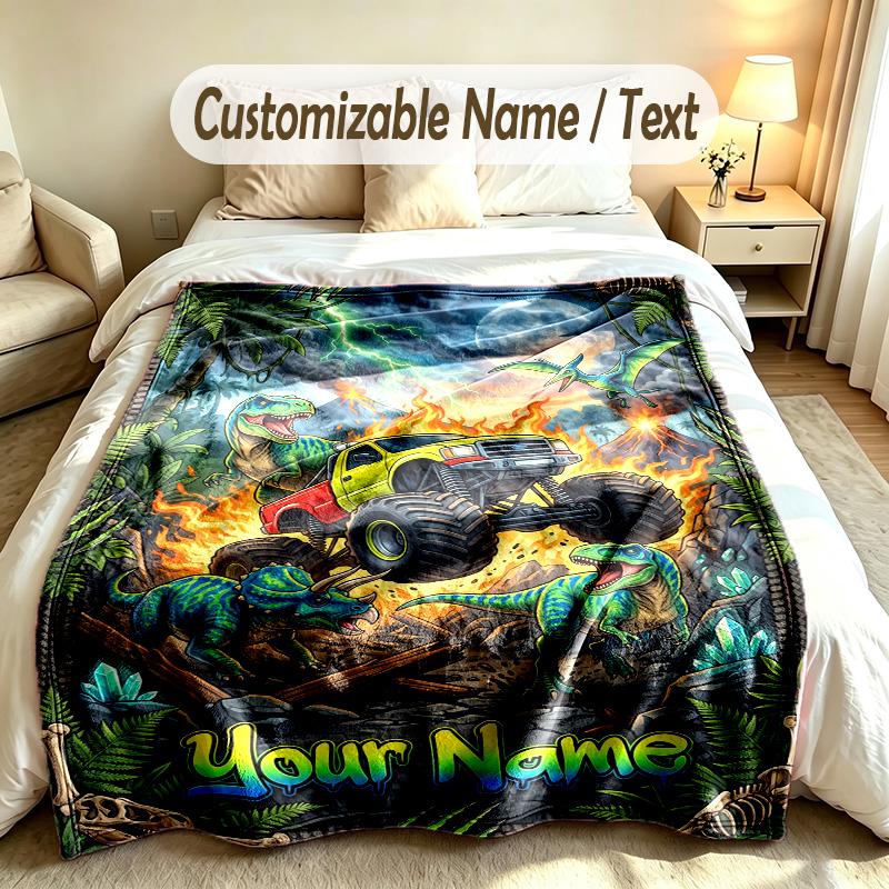 Monster Truck Theme Custom Blanket Personalized Name & Text Customized Soft Warm Throw Blanket Home Decor