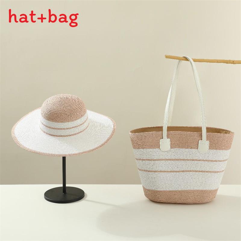 Woven Sun Hat And Large Capacity Straw Tote With Striped Pattern For Travel And Casual Wear