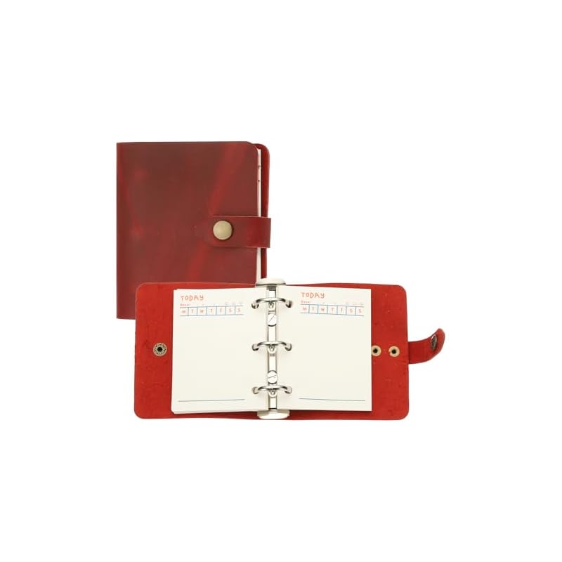 PATIKIL A9 Genuine Leather Journal 3-Ring Binder Planner with 60 Sheets of Loose-Leaf Paper (Refillable), Snap Button Closure, Red