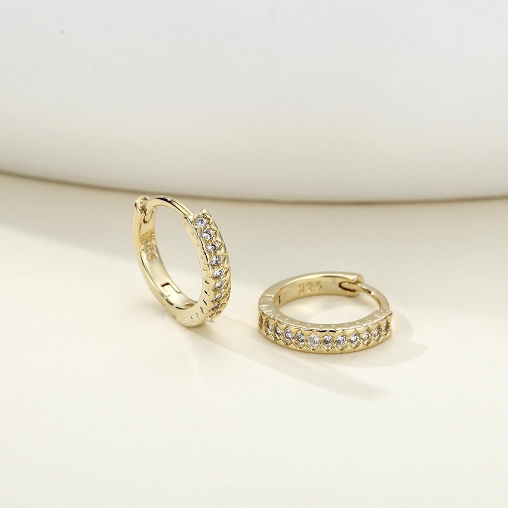 14K Gold Single Row Diamond Earrings for Women with Circle Ear Clips and Buckles - Light Luxury, High-End Design