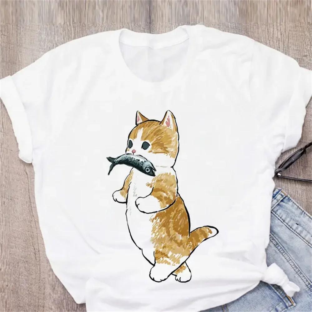 Pattern Printed Fashion Aesthetic Tops Tee Casual Cute Cat Funny Cartoon Womens Harajuku Short Sleeve Casual Aesthetic Clothes