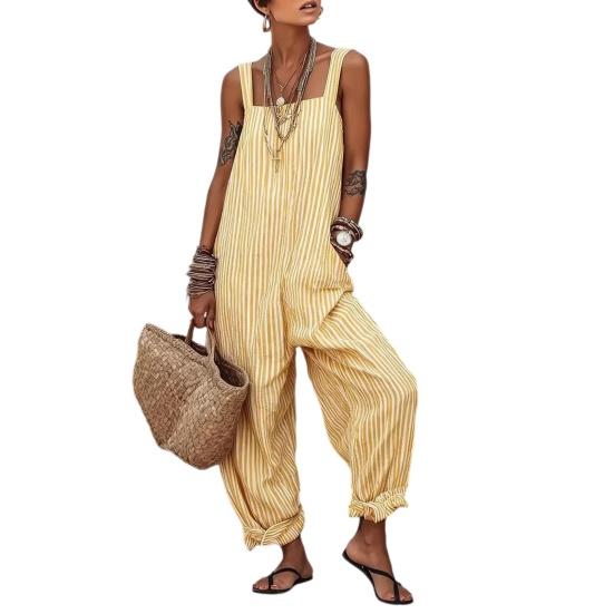Loose Striped Wide Leg Jumpsuit for Women, Square Neck Sleeveless Wide Leg Rompers with Pockets, Casual Summer One Piece Outfit