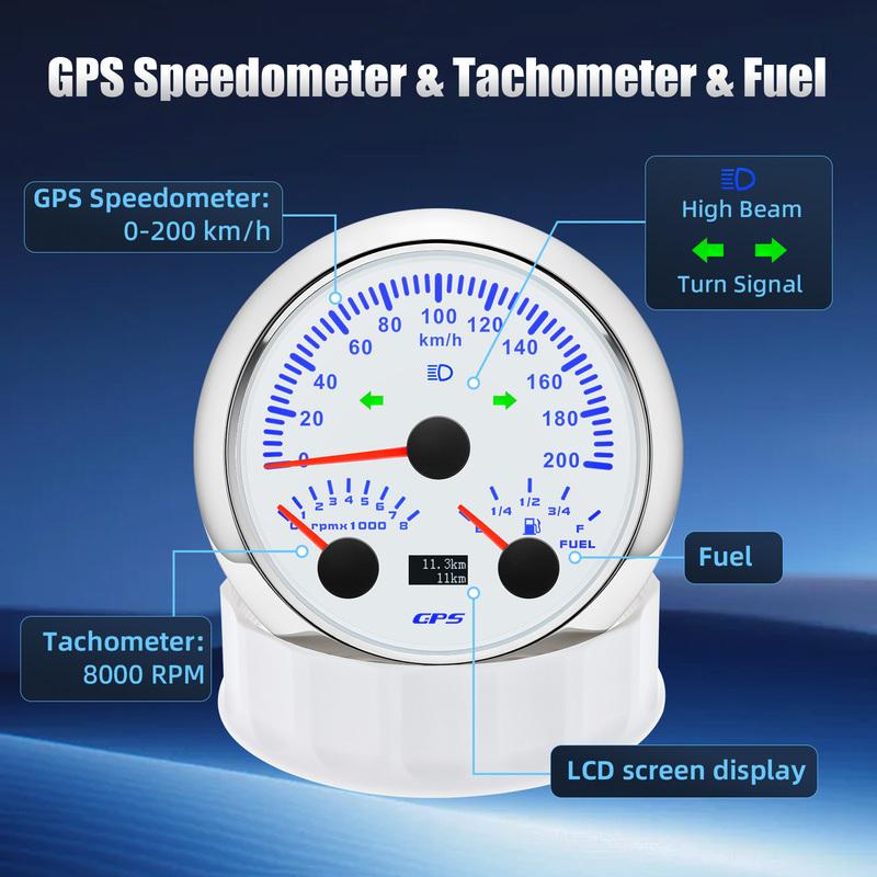 0-8000RPM Tachometer 85mm 3 in 1 Multifunctional  GPS Speedometer KMH MPH Fuel Level Meter 7 Colors Backlight 9-32V
