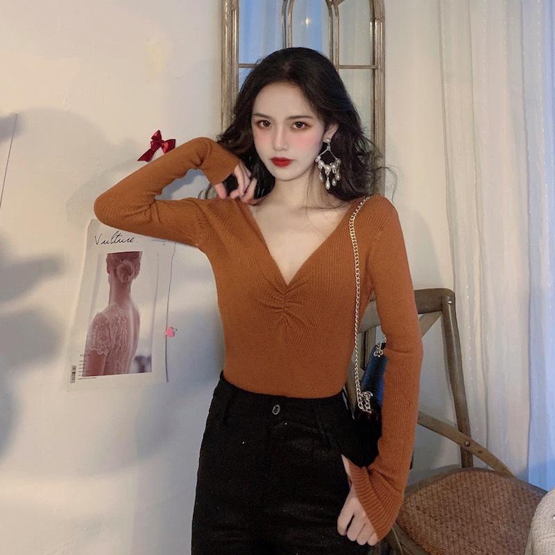 Fall Winter Women V Neck Solid Color Long Sleeve Pleated Knitted Bottoming Chic Sweater