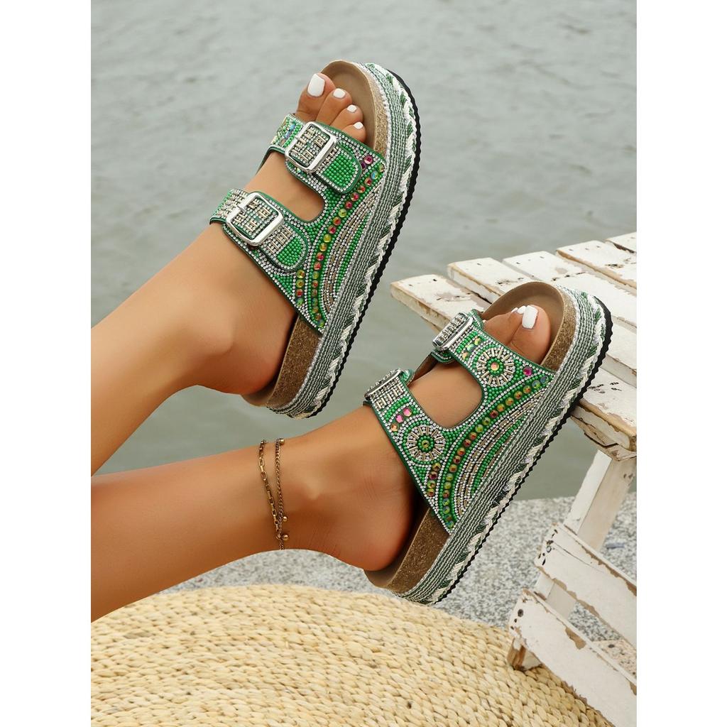 New Summer Rhinestone Platform Slippers - Women’s Plus Size Belt Buckle Slides for Outdoor Wear
