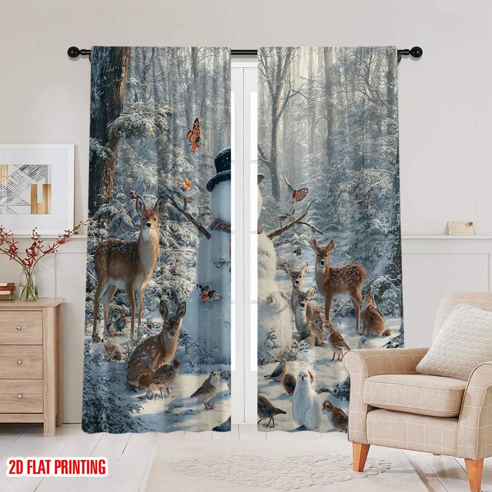 2 Stück, 2D-Flachdruck Vorhang Beliebter Schneemann & Wildtiere Winter Vielseitig Langlebig Polyester (ohne Stange) Zimmerdeko Verwendung für