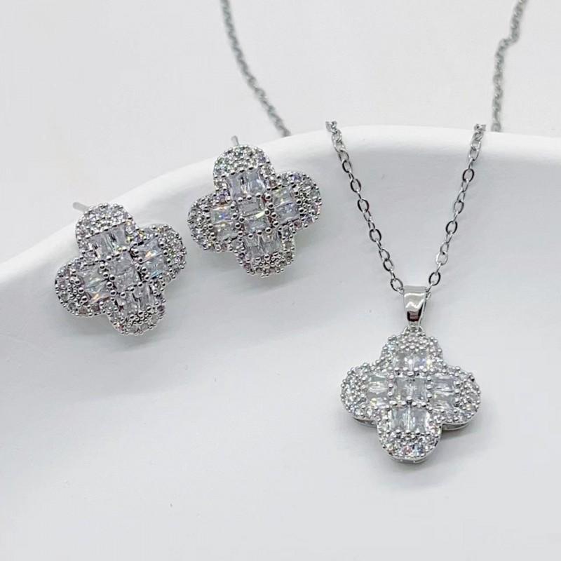 Dainty Zirconia-Encrusted Four-Leaf Clover Necklace Earring Set In Gold Or White Finish Lightweight O-Chain Jewelry Women