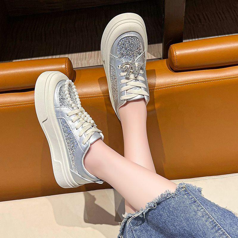 2025 New Spring and Autumn Thick-soled Fashion Board Shoes Women's Versatile Popular Rhinestone Silver Sports and Leisure Shoes Trend