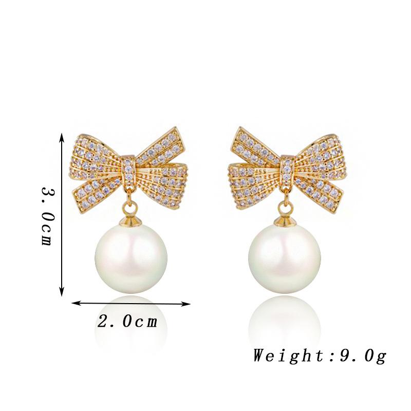 New Fashion Korean Crystal Bow Drop Earrings White Red Round Imitation Pearl Dangle Earrings for Women Elegant Party Jewelry