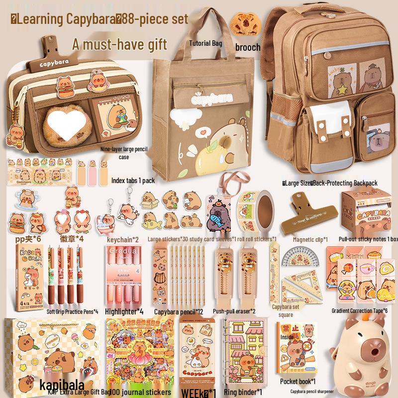 Capybara Backpack Stationery Set: Ergonomic Schoolbag Gift for Boys & Girls.