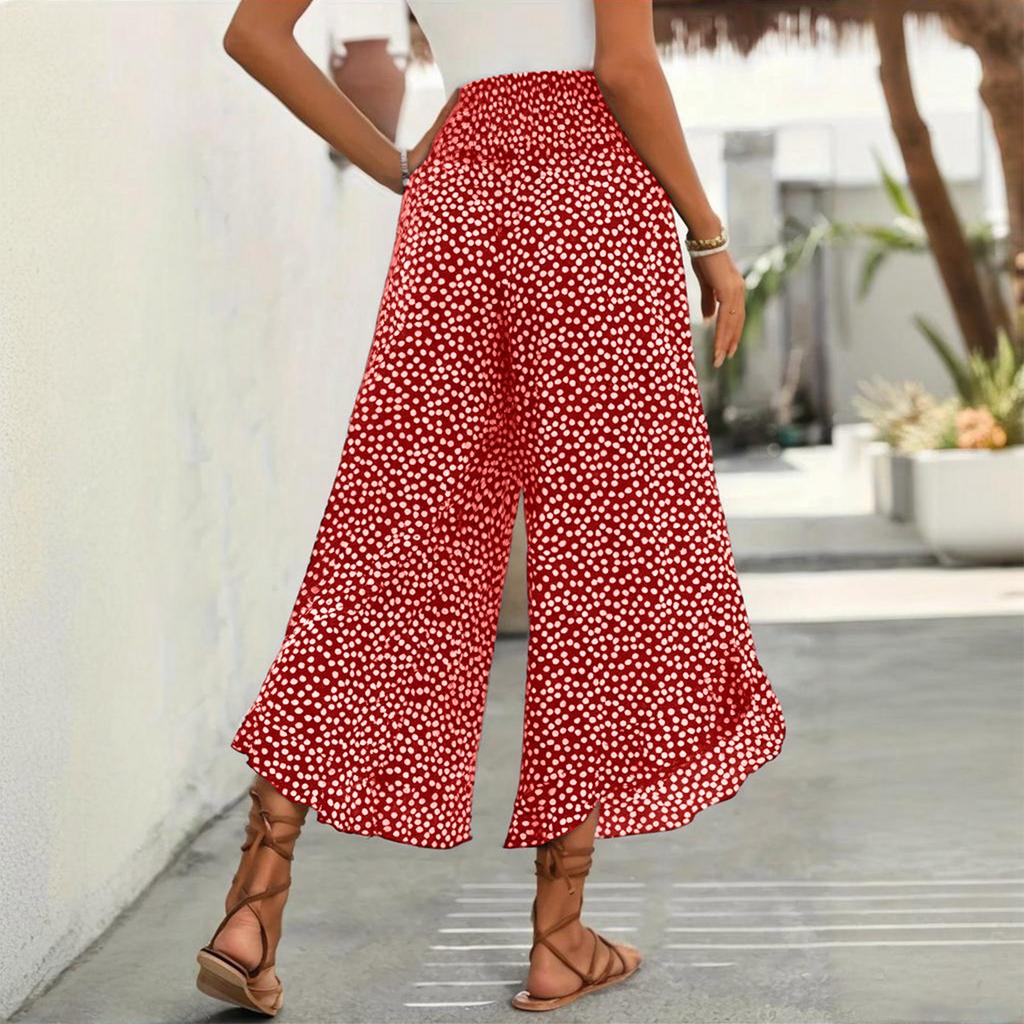 Women Casual Wide Leg Pants High Waist Loose Fit Polka Dot Print Elastic Waistband Palazzo Trousers