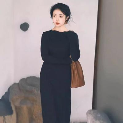 Autumn New Women's Clothing Cold Department Unique Chic Knitted Long Dress High-end Black Dress