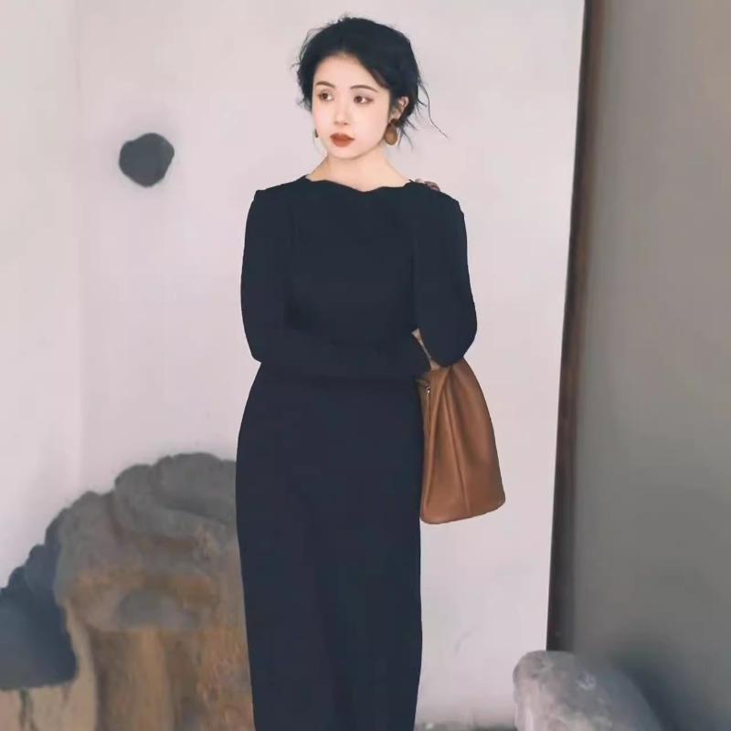 Autumn new women's clothing cold department unique chic knitted long dress high-end black dress