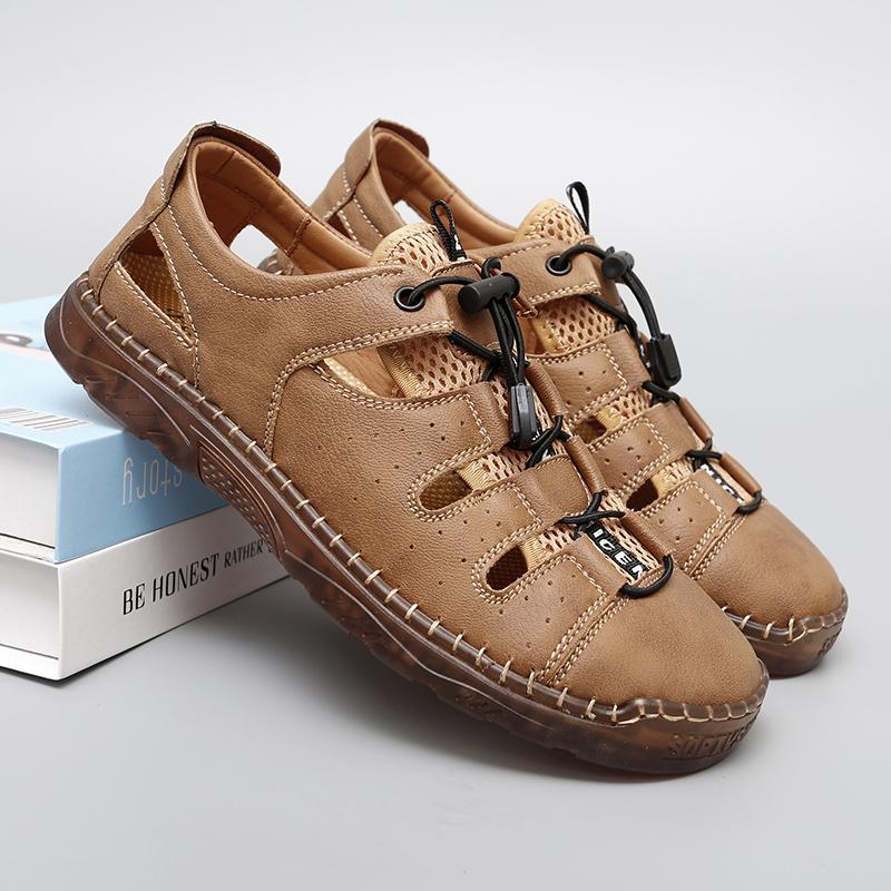 Summer Men's Elastic Band Sandals High Quality Outdoor Beach Shoes Cowhide Designer Non-slip Slippers for Men Hollow Out Sandals