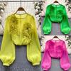 Elegante Blusa in Chiffon con Maniche a Lanterna e Applicazioni Floreali 3D