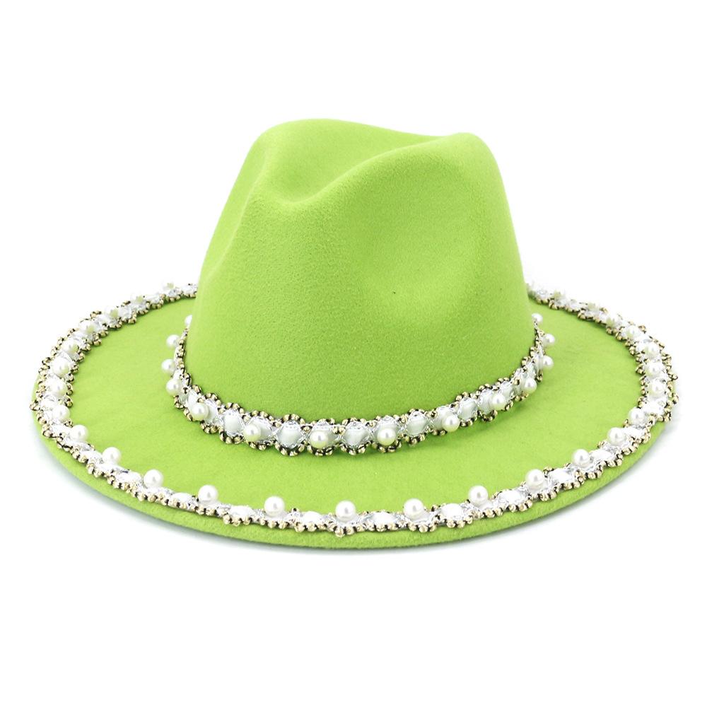 

Украшение ручной работы из жемчуга, новый фетровый шерстяной топ с широкими полями, шляпа-федора, зима-осень, элегантные свадебные панамы, джазовые кепки для женщин 56-58cm