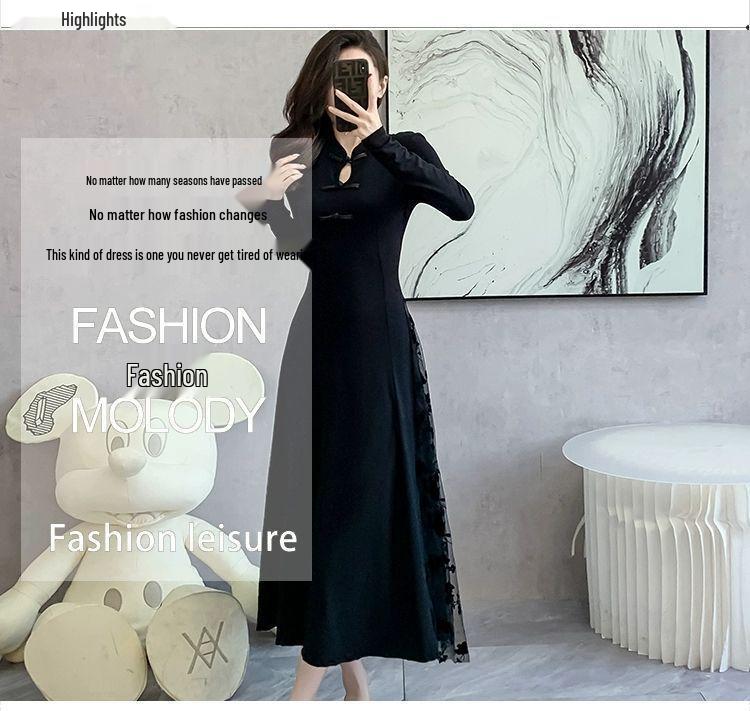 Plus Size Black Frog Button Mid-Length Dress - New Chinese Style for Spring, Autumn, and Winter