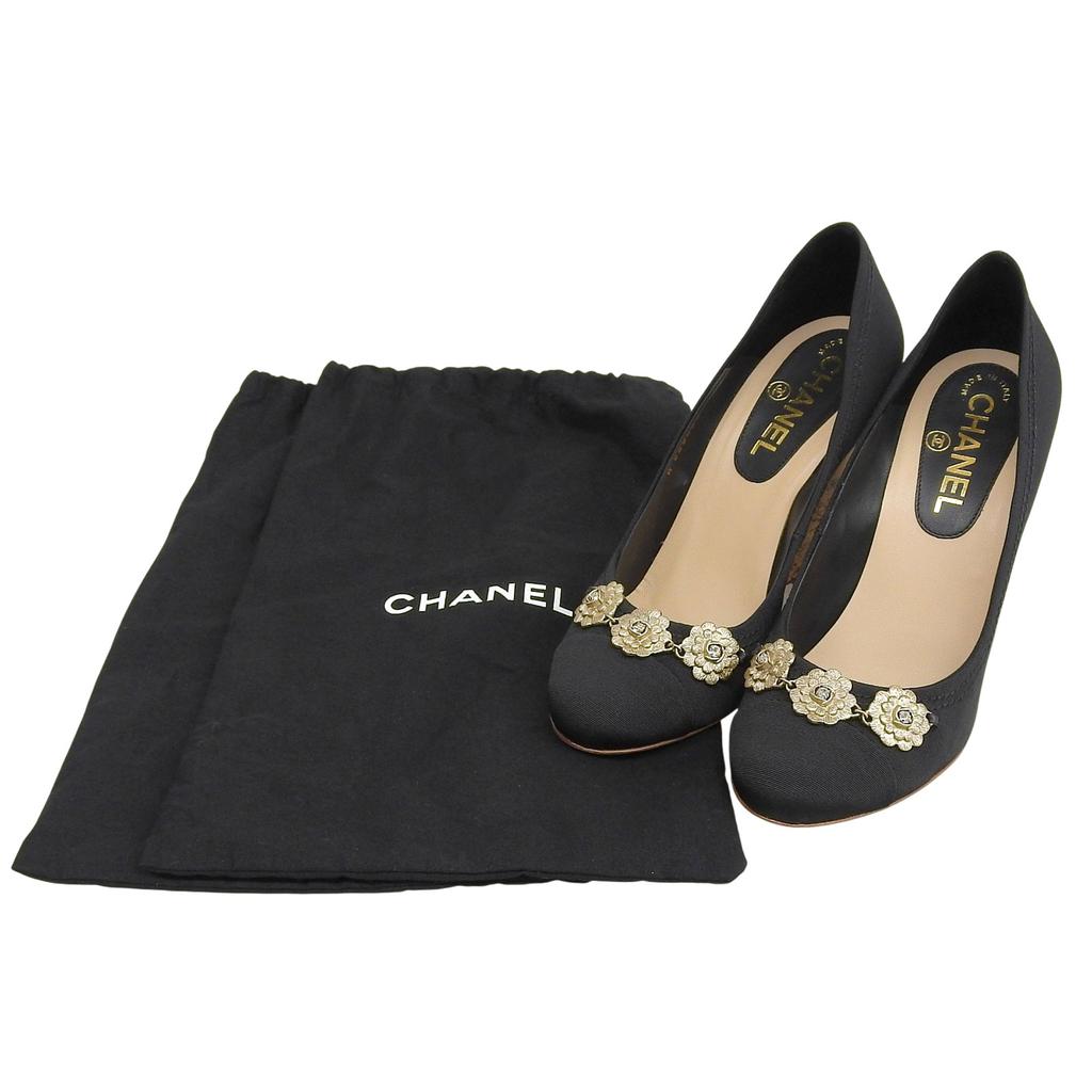 Excellent CHANEL pumps Camellia COCO Mark Rhinestone Wedge Sole black 37 G28002 Used