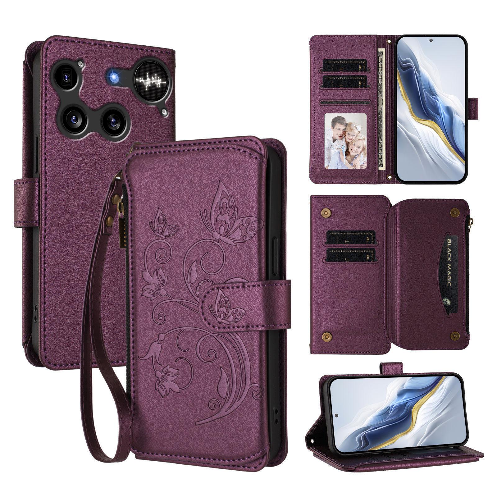 

For Nothing Phone (3) 5G Leather Case Butterfly Floral Imprint Zipper Wallet Stand Cover with Wrist Strap Purple