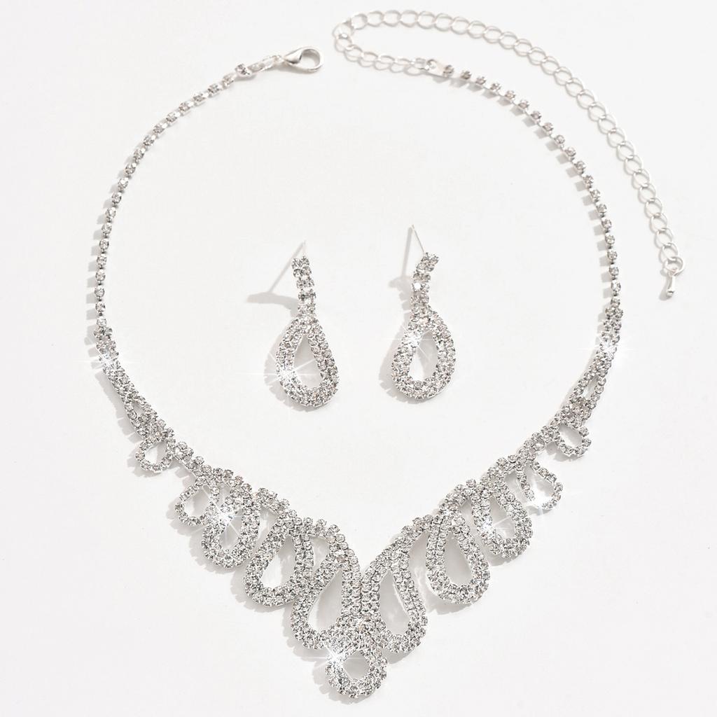 3PC Women's Fashion Water Drop Tassel Series Necklace Earrings Zircon Set Wedding Party Festival Gift-8528