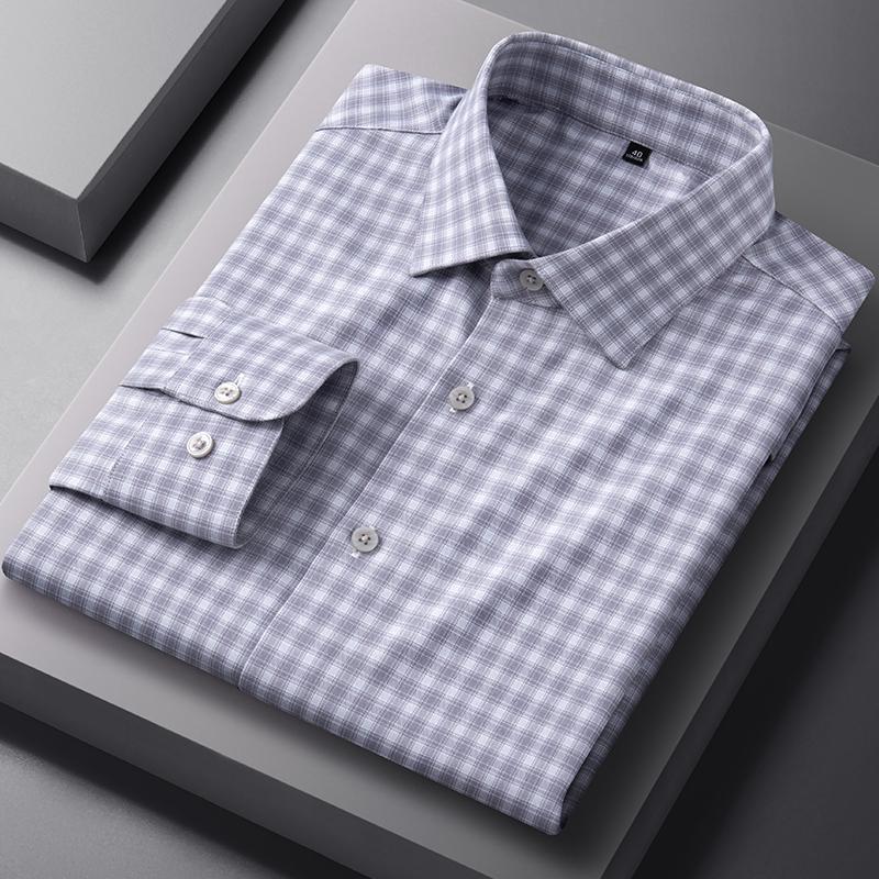 New in Shirt Luxury Houndstooth Long Sleeve Shirts for Men Slim Fit Casual Elastic Tops Soft Anti-Wrinkle Plaid Clothes