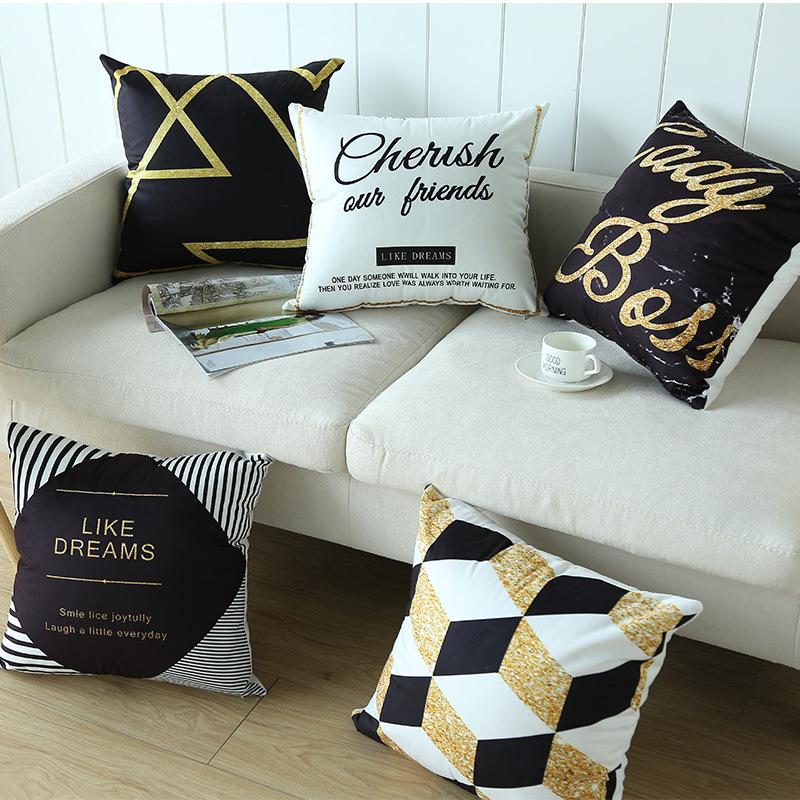Nordic Marble Ins Style Black Gold Pillowcase Short Plush Hot Stamping Car Sofa Pillowcase Without Pillow Core