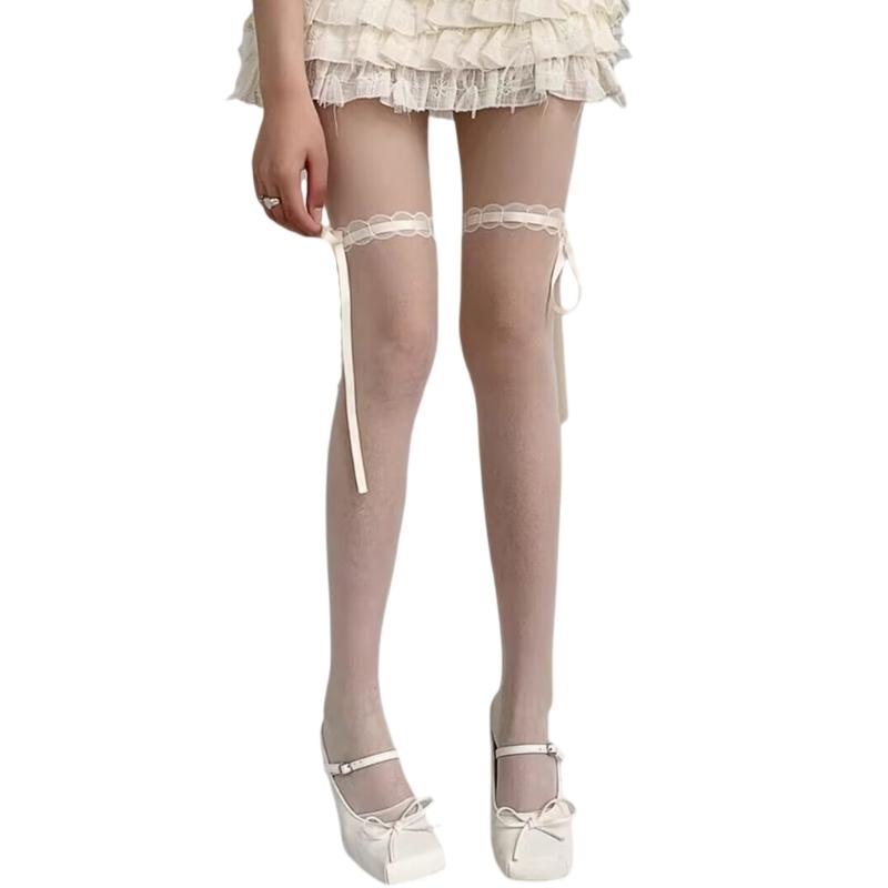 Women Pattern Patchwork Mock Knee High Socks Opaque Tights with Sweet Ribbon Bowknot See Through Pantyhose Leggings