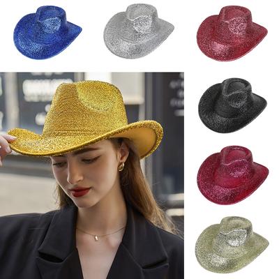 Sparkle Glitter Cowboy Hat Unisex Western Style Wide Brim Fedora Hat for Party Festival Cosplay