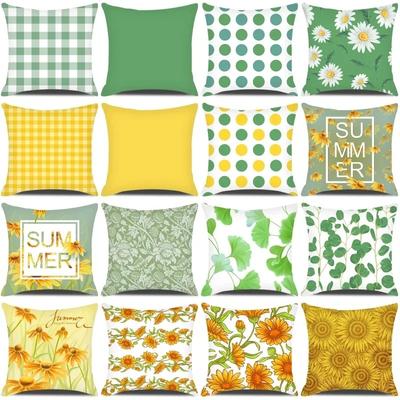 Daisy Flower Printed Sofa Cushion Cover, Green Yellow Checkered Pillowcase, Summer Home Decoration