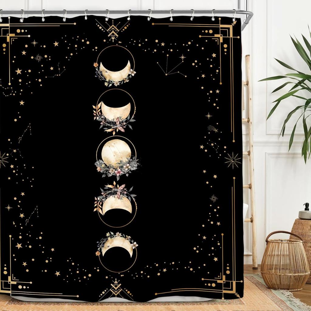 Witchy Gothic Shower Curtain - Moon Phase & Teal Wildflower Design,Mysterious Night Botanical Polyester,60x71 Inch with 12 Hooks
