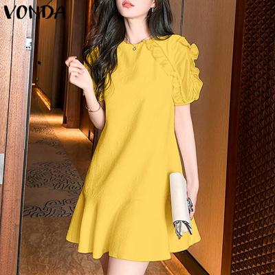 Women Summer O-Neck Ruffled Shoulder Short Sleeve A-line Dresses