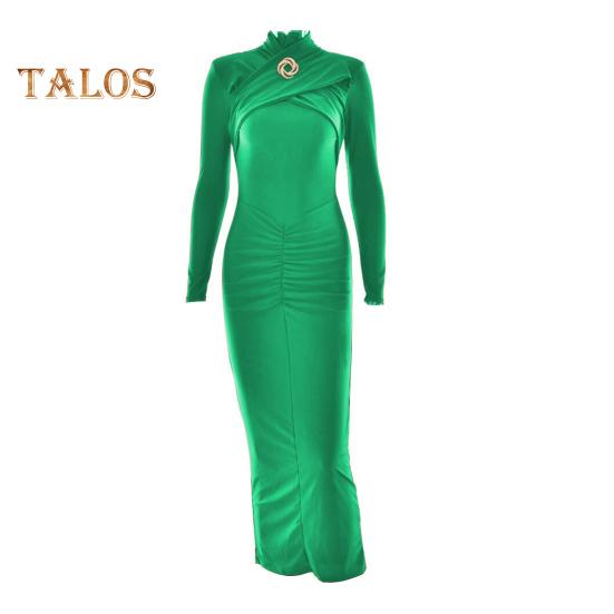 Women Evening Dress Hollow Out Bodycon Metal Buckle Ruched Elastic Pure Color Midi Dress Long Sleeve Prom Party Dress