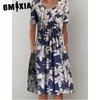 GMXIA 30 Color Pleated Midi Dress Short Sleeve Round Neck Loose Hem Mid-Calf Length Women Floral A-Line Party Dress Casual Wear