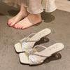 Summer new fashion open-toed square-headed rhinestones with slippers women's sexy outer wear stiletto high heels women