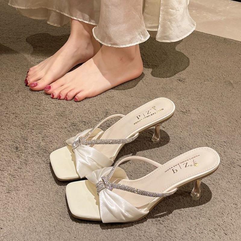 Summer new fashion open-toed square-headed rhinestones with slippers women's sexy outer wear stiletto high heels women
