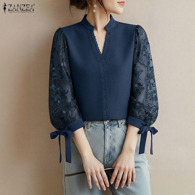 ZANZEA Damska Elegancka Koronkowa Wstawka Rękaw 3/4 Casualowa Bluzka z Dekoltem V